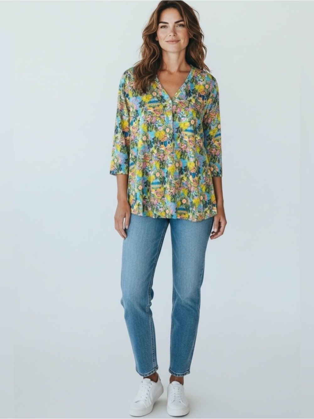 Lulu-B 3/4 Sleeve Asymmetric Hem Floral Tunic // Blue & Green // Medium